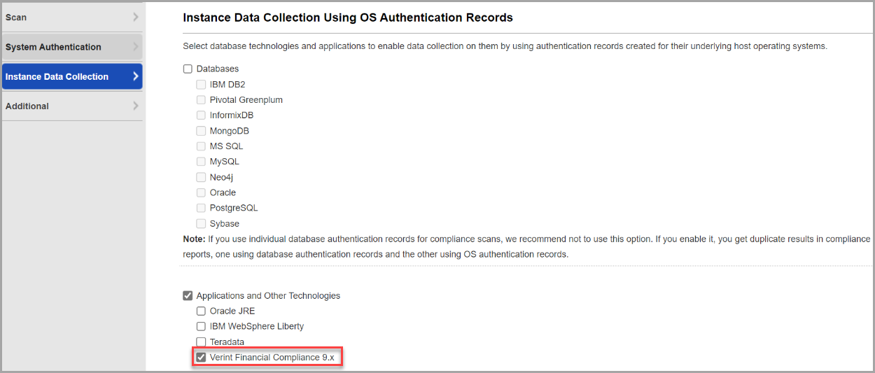 Selection of verint Financial scan from Instance Data Collection.